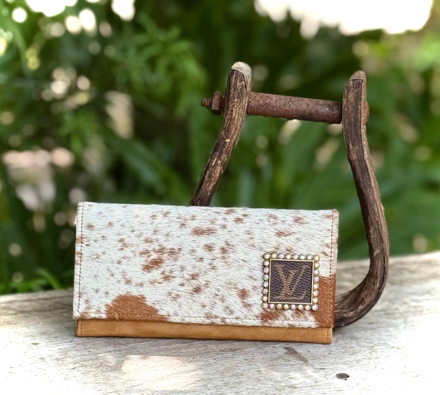 Upcycled LV Cowhide Leather Wallet Card Holder Western