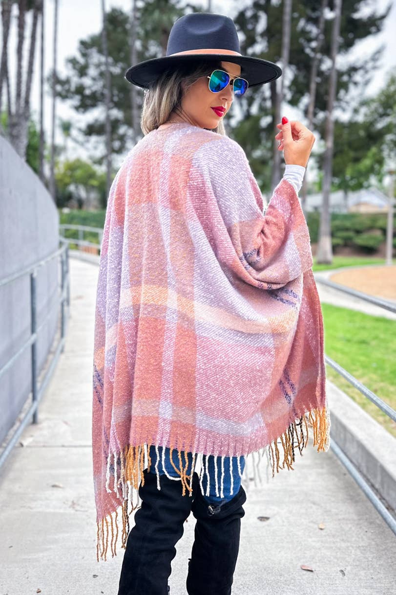 Mauve Multi Stripe Printed Soft Knit Ruana With Tassel