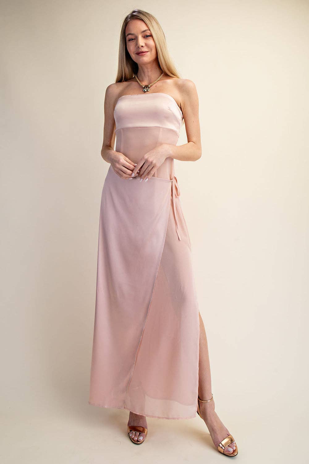 Strapless Satin Wrap Maxi Dress with Side Slit