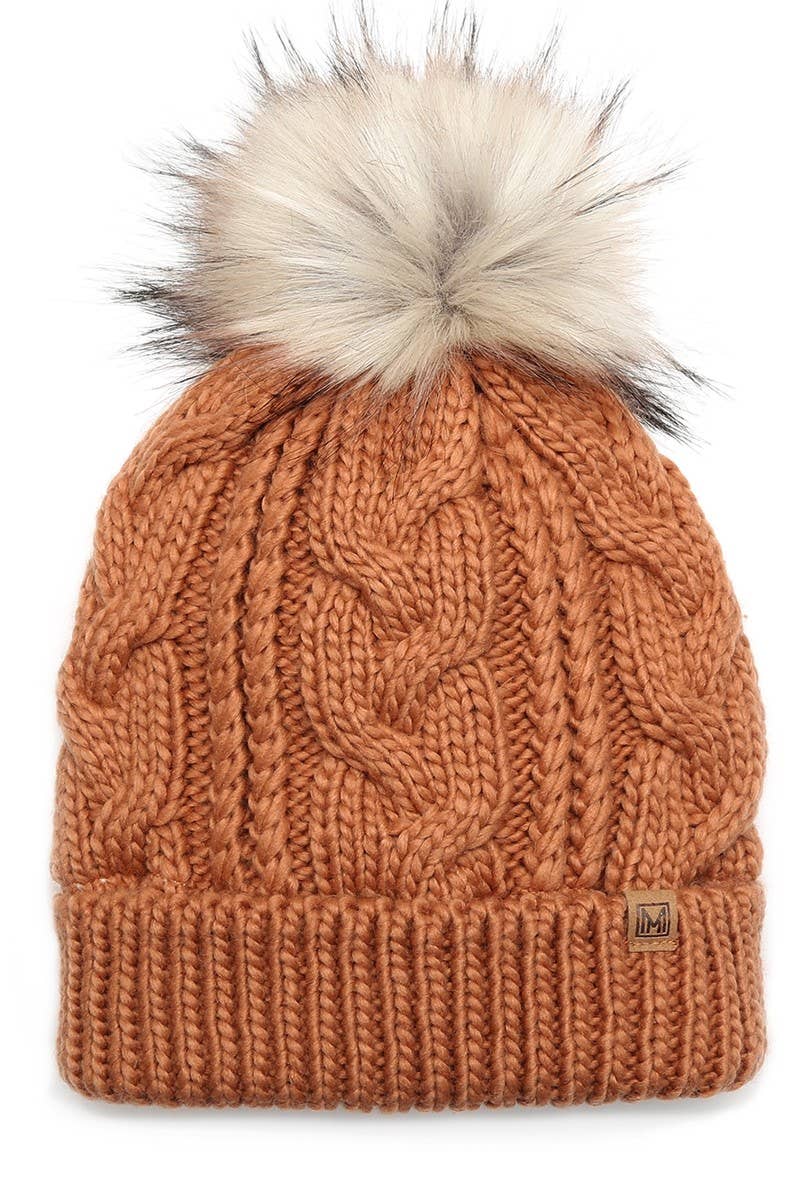 Women's Faux Fur Pom Beanie Hat with Sherpa Lining