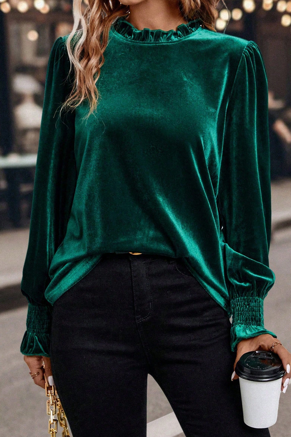 Frilled Collared Smocked Cuffs Puff Sleeve Velvet Blouse