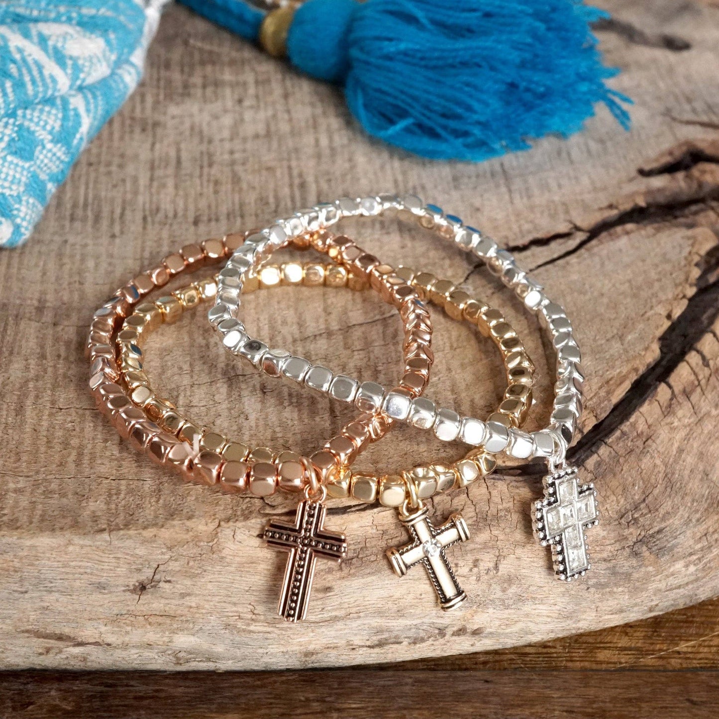Cross stretchy western style bracelet set - Silver Gold tone