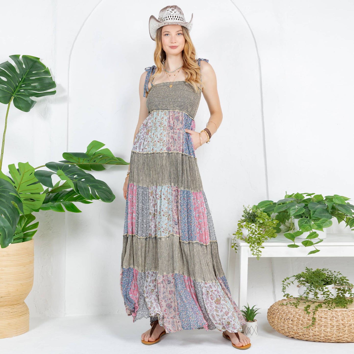 Artisan Pearl Maxi Dress Smocked Bodice Aari Embroidery