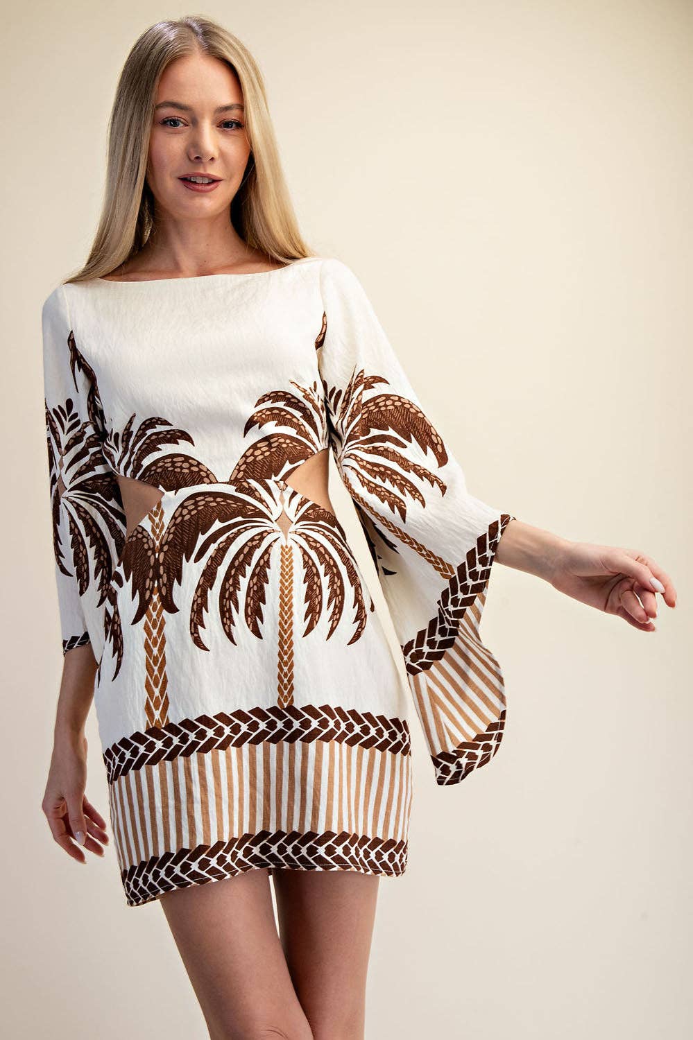 Open Back Long Sleeve Palm Tree Print Mini Dress - Brown