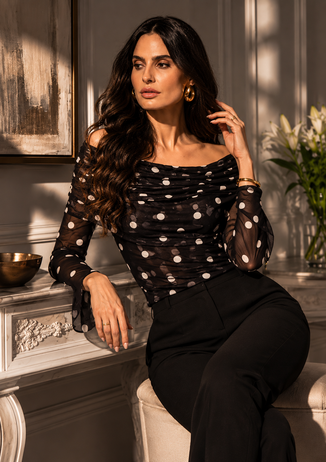A646-A Polka Dot Off-Shoulder Mesh Top