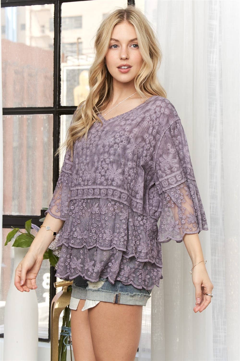 BELL SLEEVES LACE BLOUSE SCALLOP EDGE - CET3907