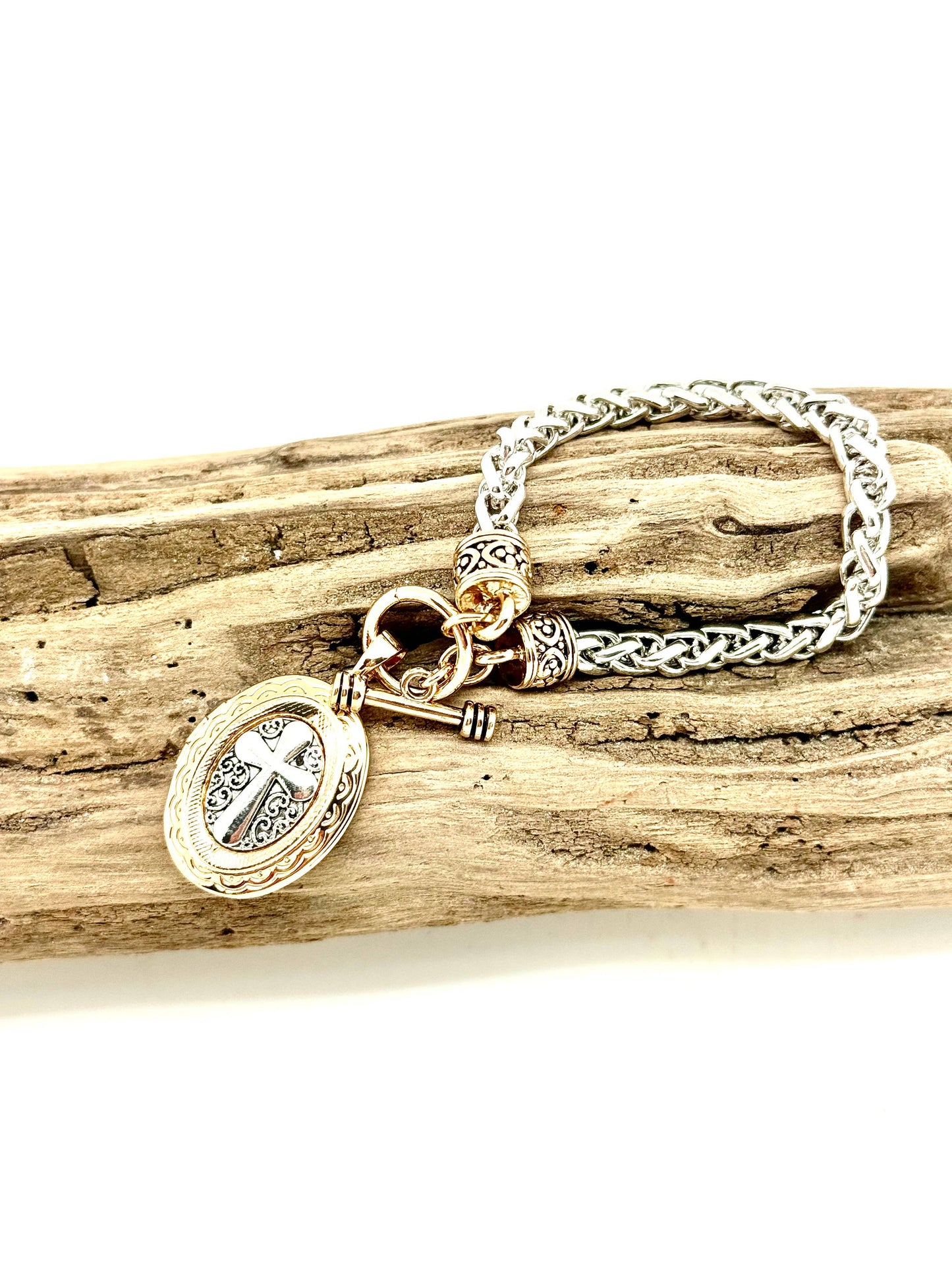 Bracelet Alloy Plated Silver Chain w/Gold Cross Locket 7”