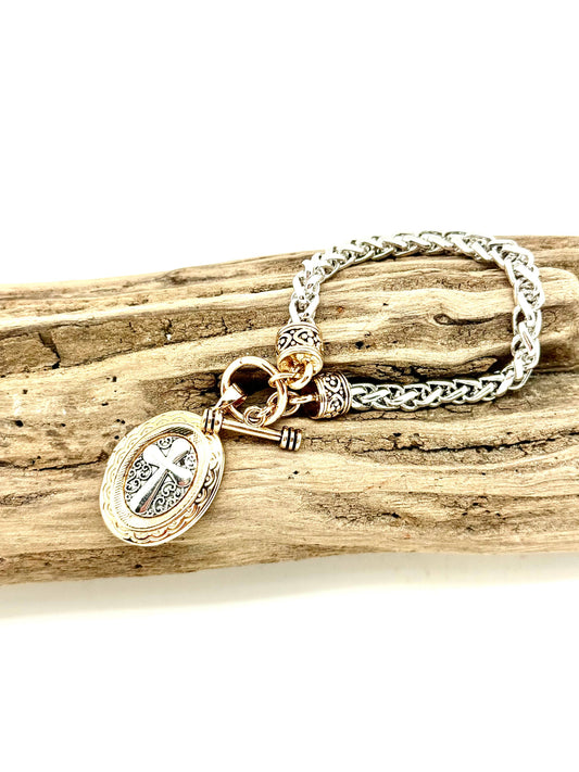 Bracelet Alloy Plated Silver Chain w/Gold Cross Locket 7”