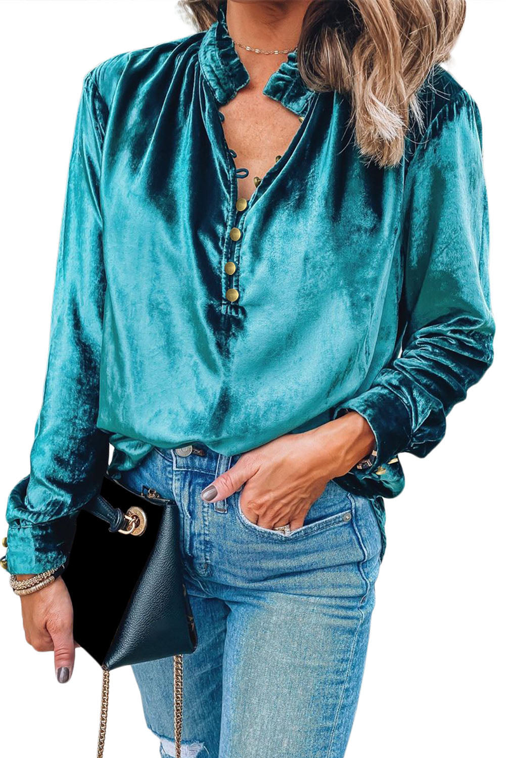 Frilled Buttoned V Neck Velvet Blouse