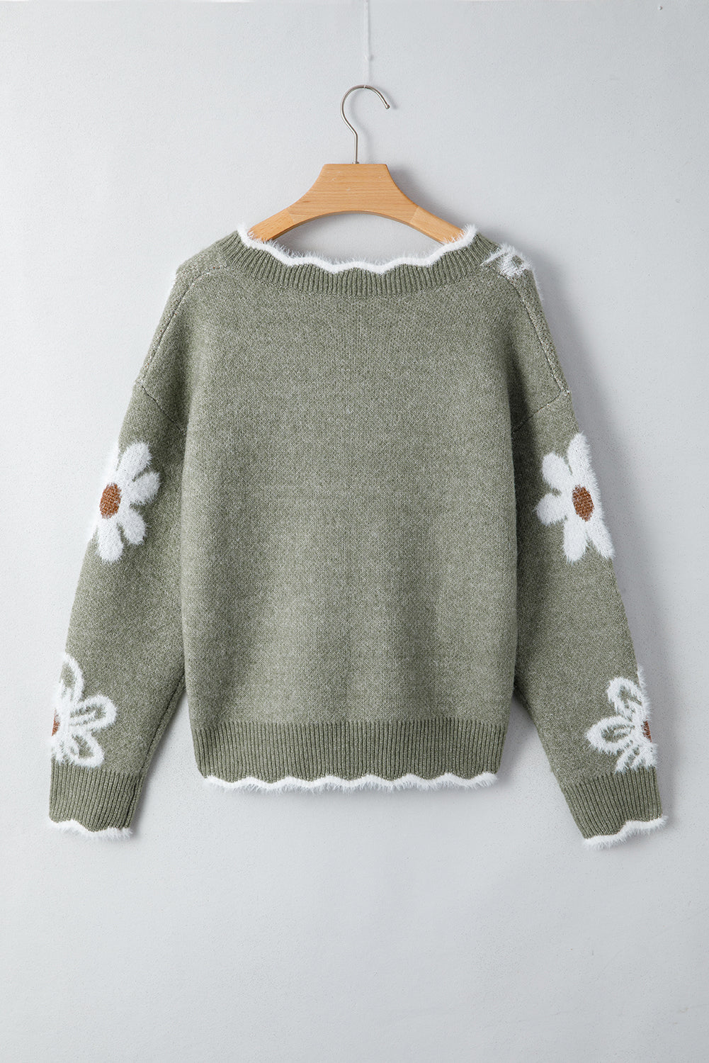 Smoke Gray Jacquard Floral Scallop V-neck Sweater