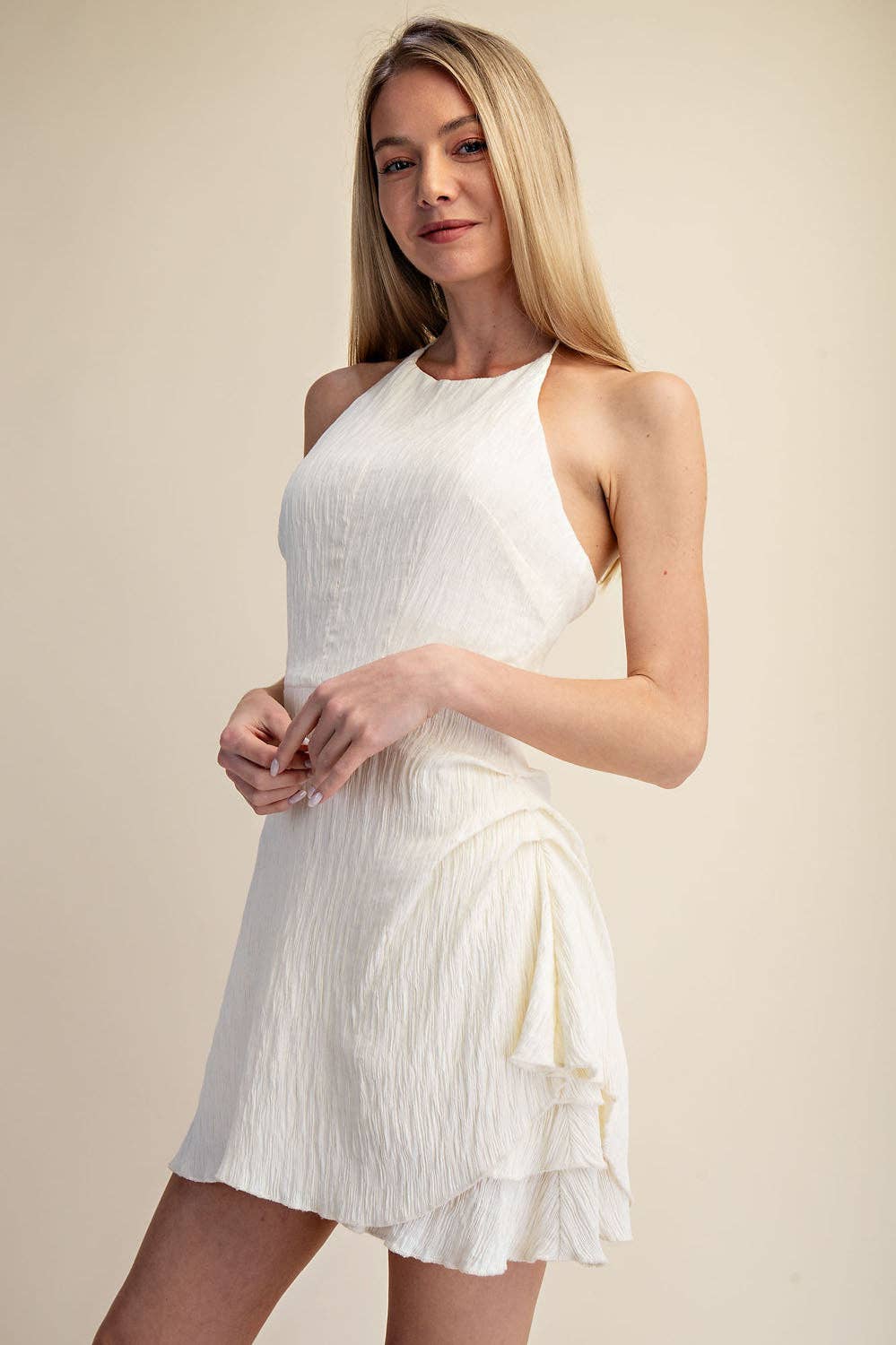 Cascade Midi Dress - Ruched A Line Textured Halter - WHITE