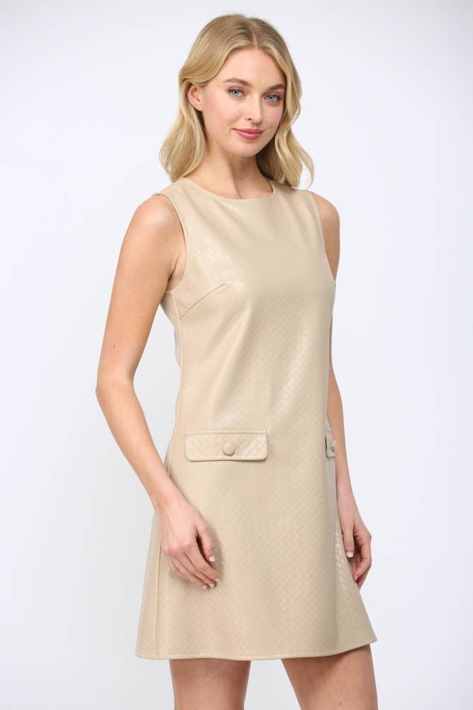 BASKETWEAVE PATTERN FAUX LEATHER SLVL DRESS