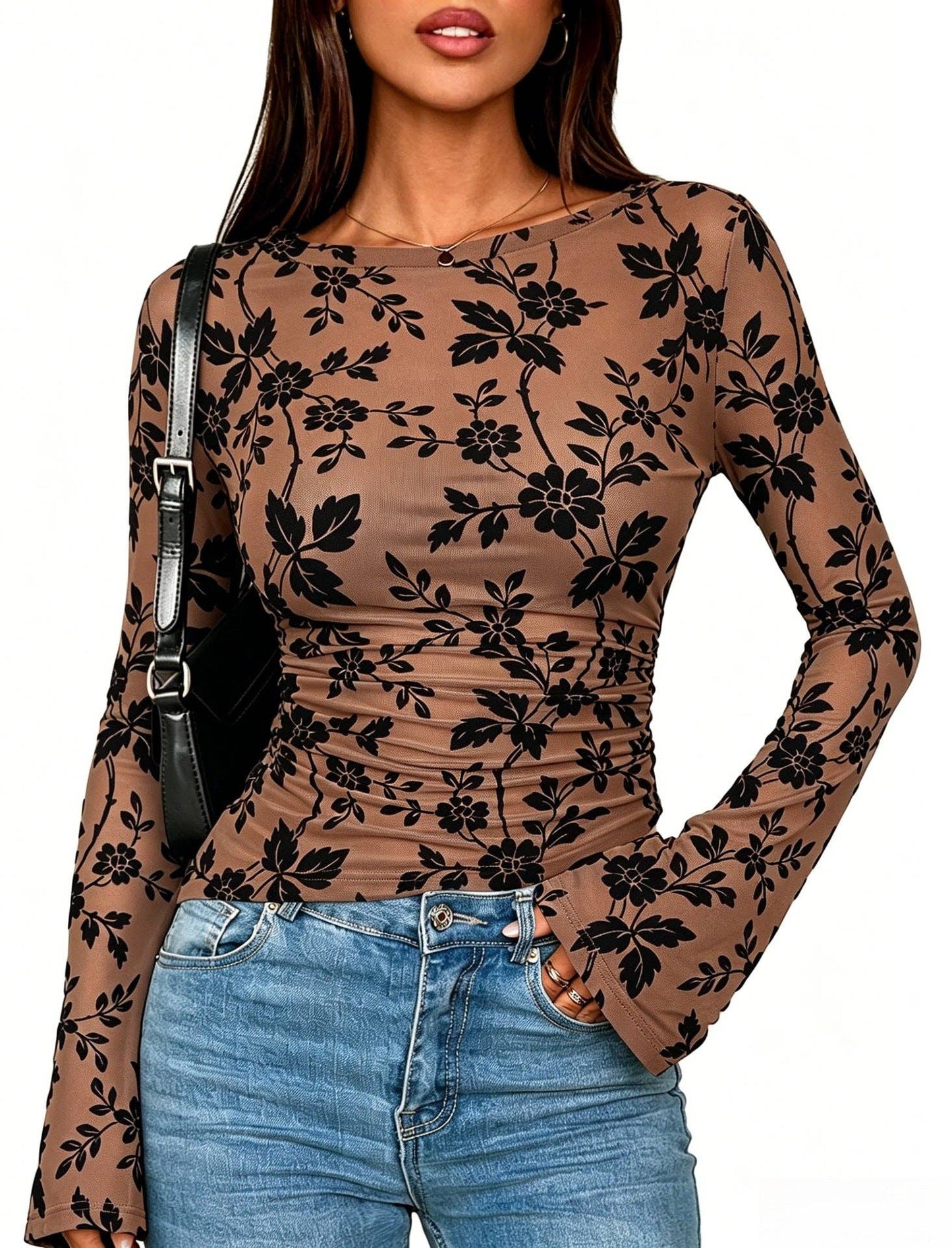 Floral Mesh Top Boutique Bell Sleeve Ruched Fitted Blouse