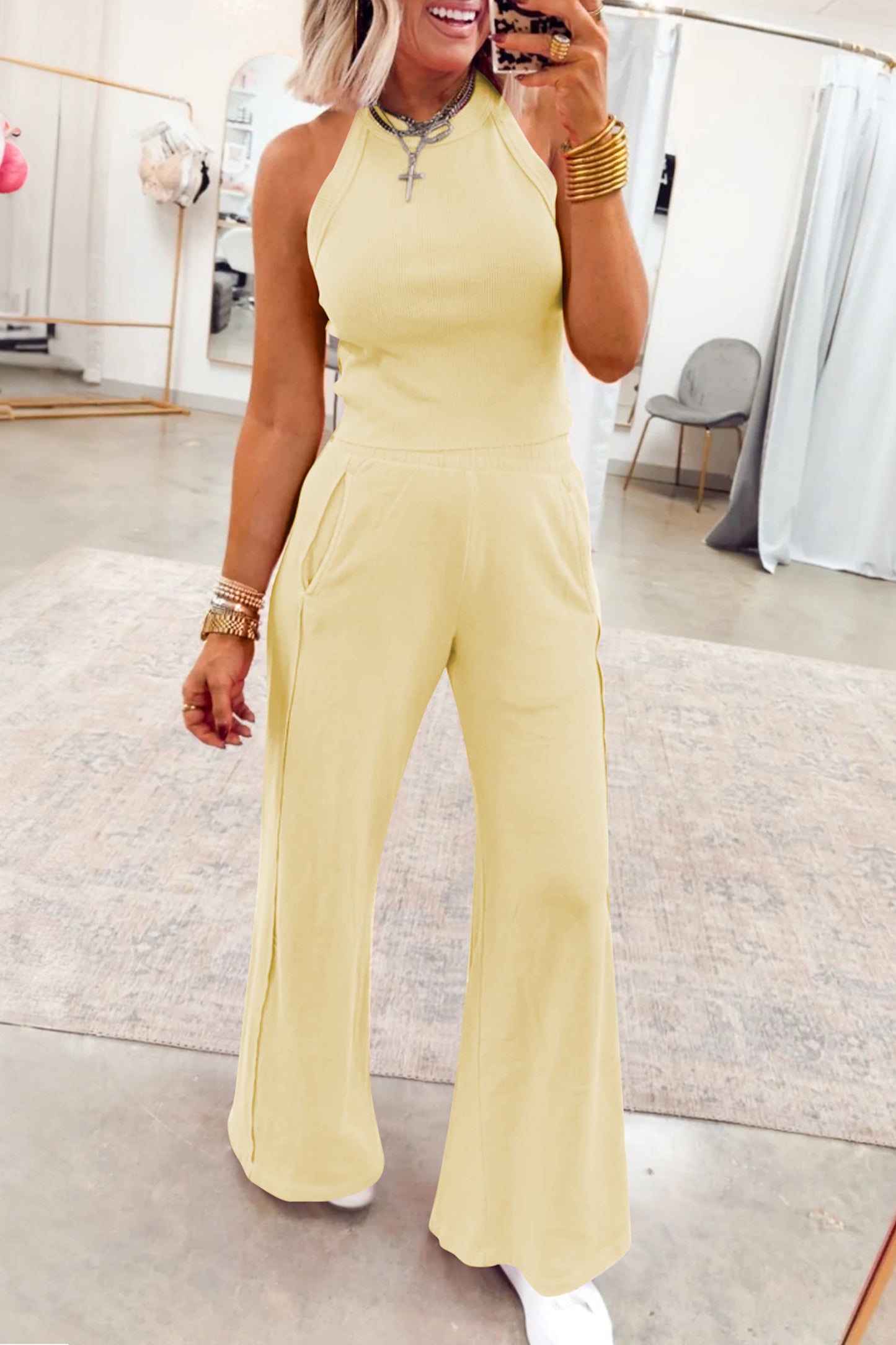 Green Slim Ribbed Tank Top and Sweatpants Set