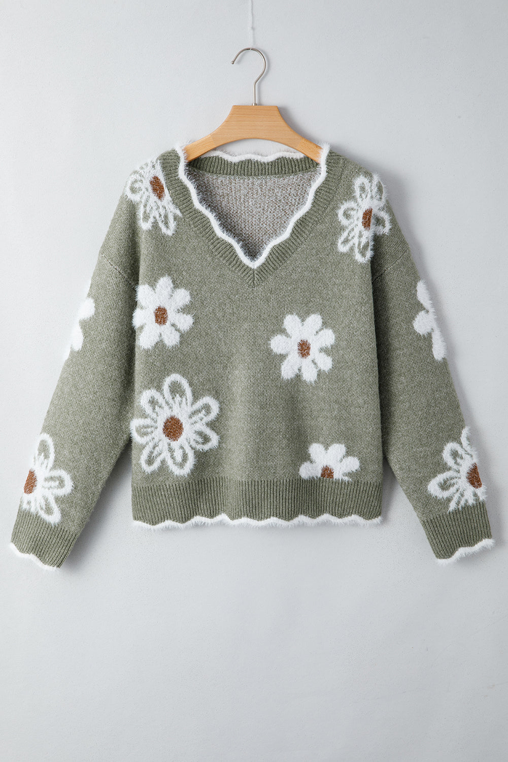Smoke Gray Jacquard Floral Scallop V-neck Sweater