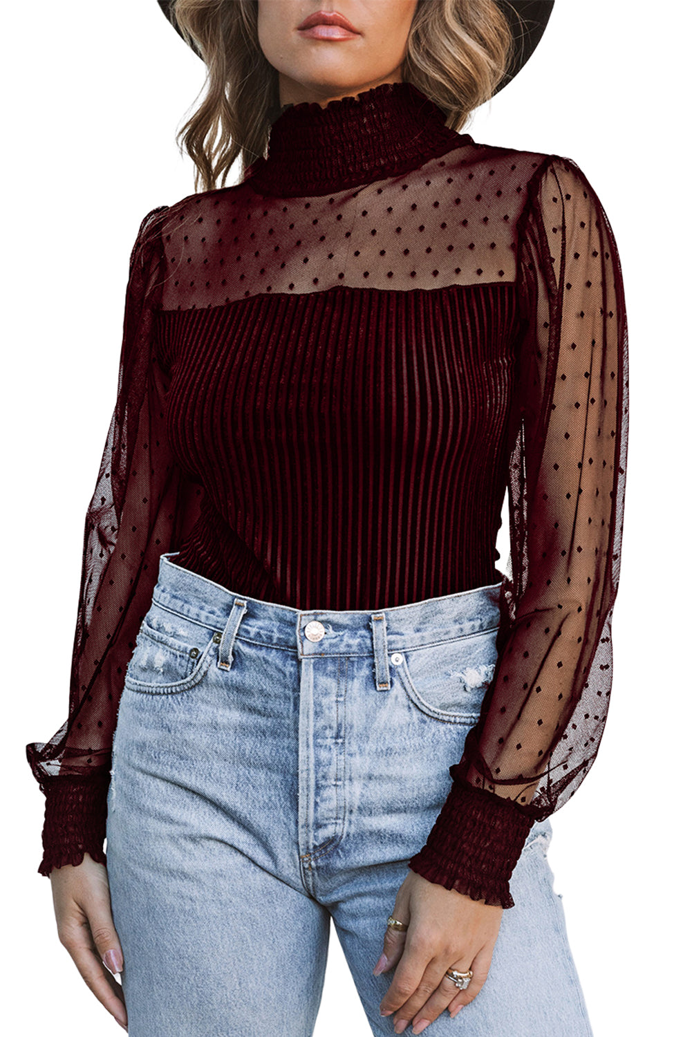 Sheer Dotty Puff Sleeve Ribbed Velvet Bodysuit