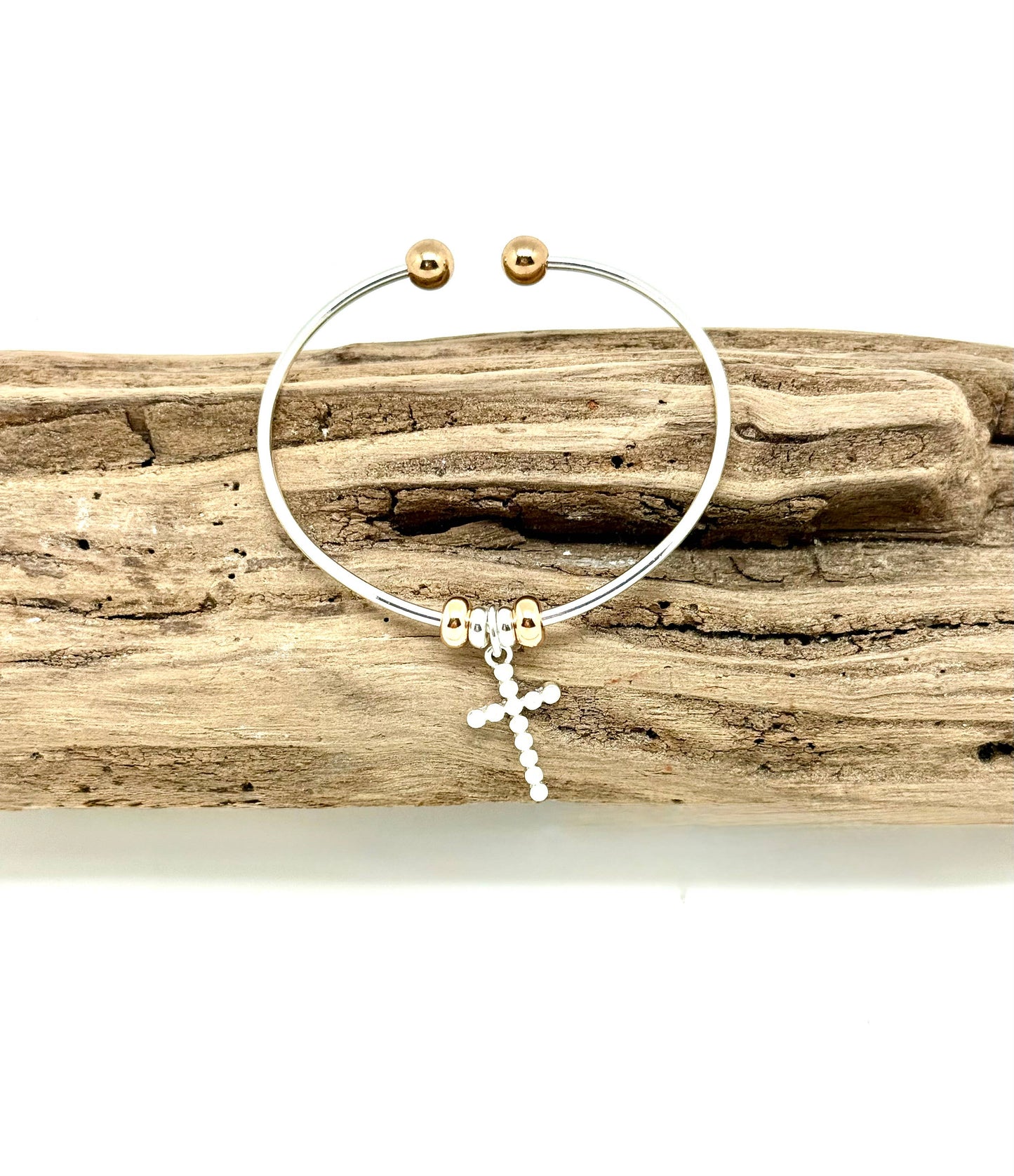 Bracelet Cuff Alloy Plated Silver with PearlGlass Bead Cross