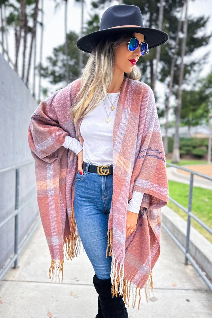 Mauve Multi Stripe Printed Soft Knit Ruana With Tassel