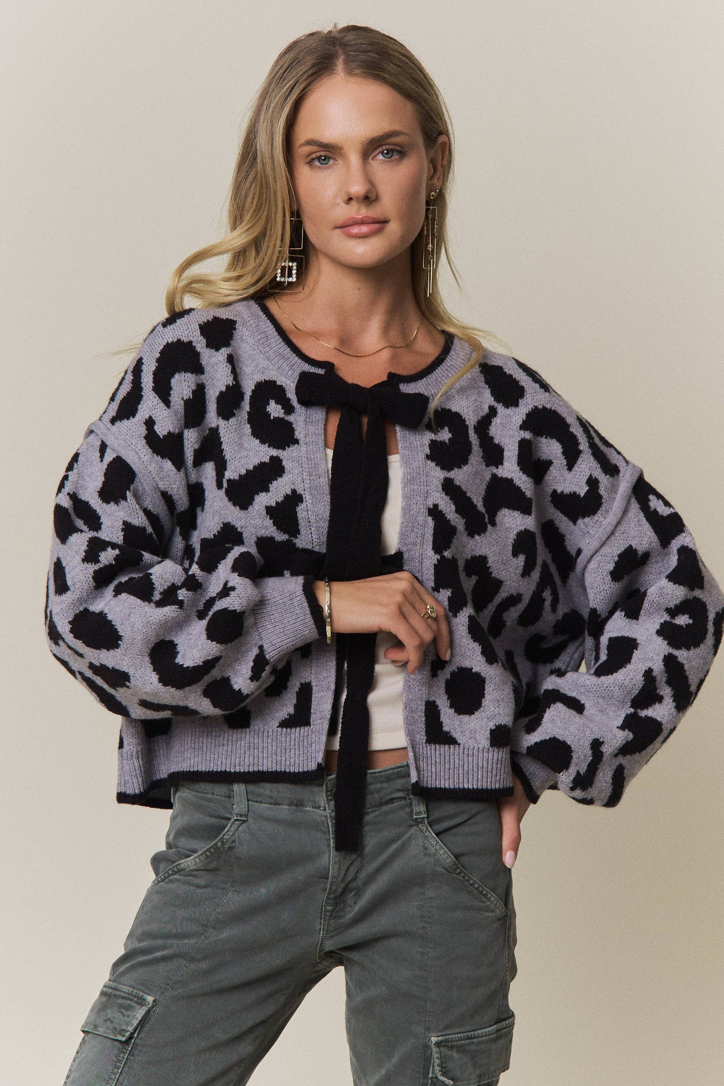 LEOPARD PRINT TIE-FRONT CARDIGAN - CESW4429