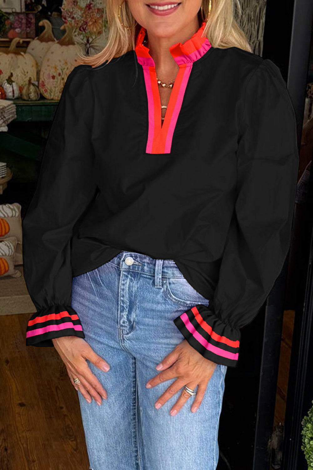 **Pre Order** Fiery Red Striped Trim Ruffle Split Neck Long Sleeve Blouse