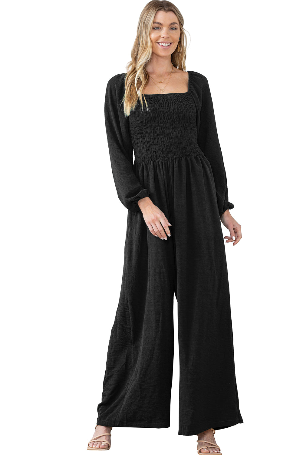 Smocked Square Neck Long Sleeve Wide Leg Jumpsuit