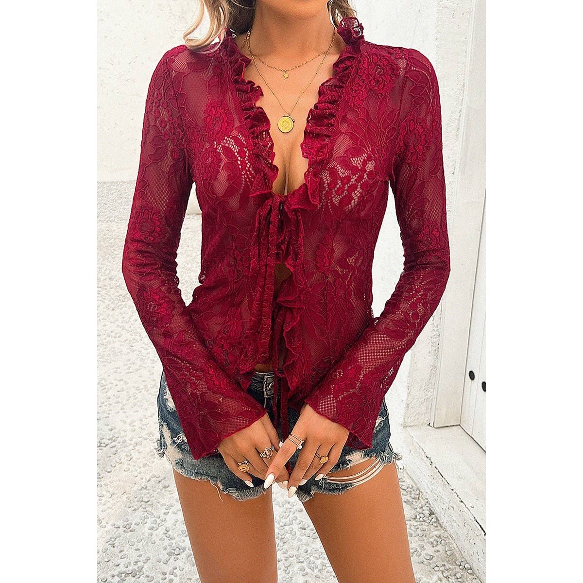 Hollow Out Lace Solid Knot Wrap Ruffle Hem Top