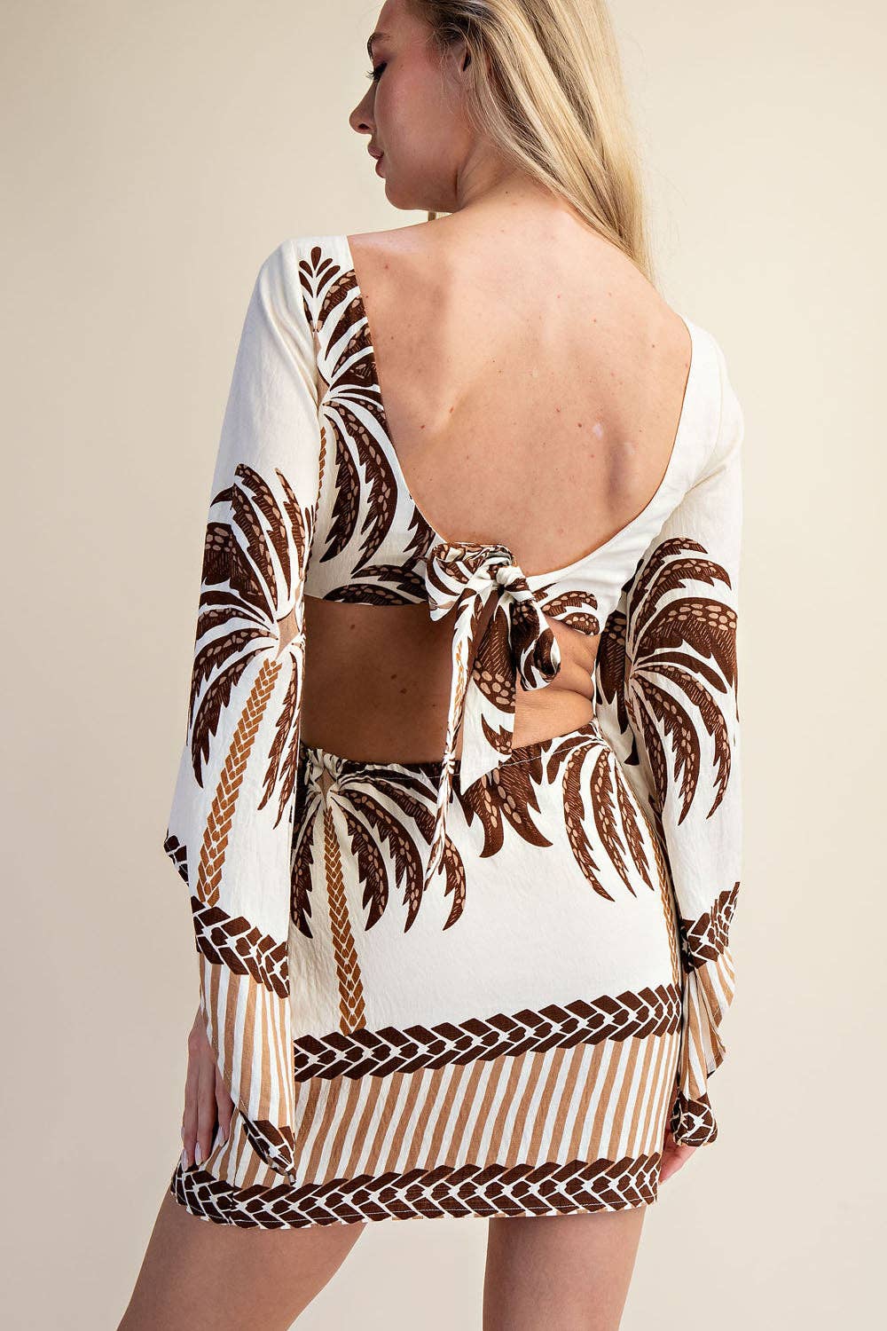 Open Back Long Sleeve Palm Tree Print Mini Dress - Brown