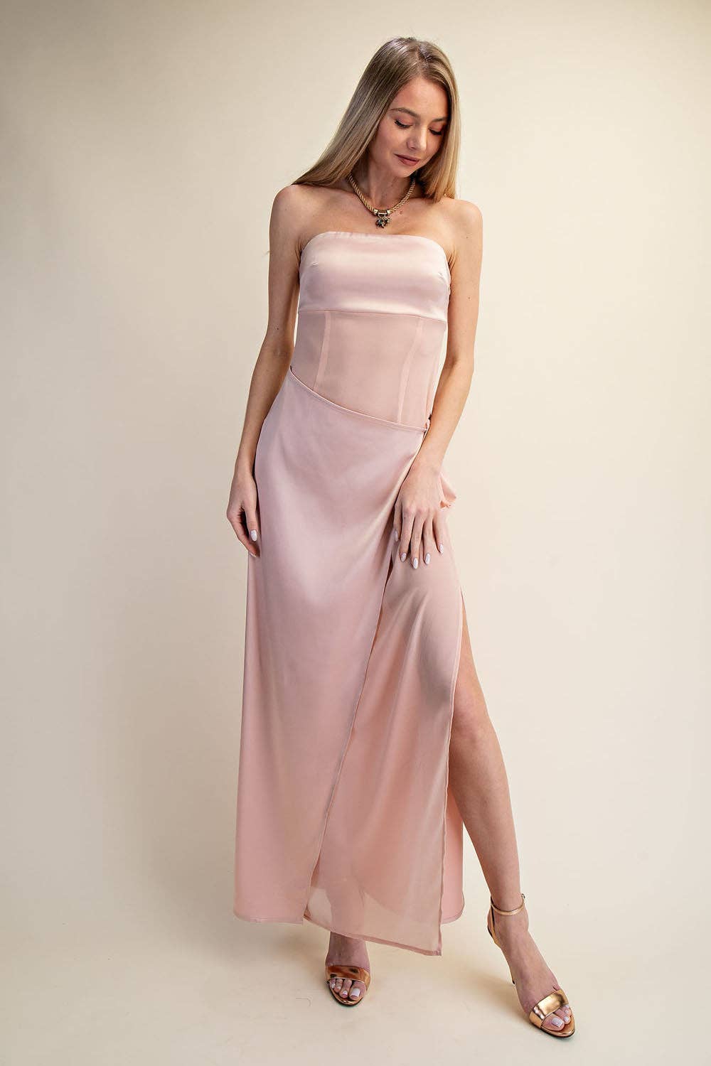 Strapless Satin Wrap Maxi Dress with Side Slit