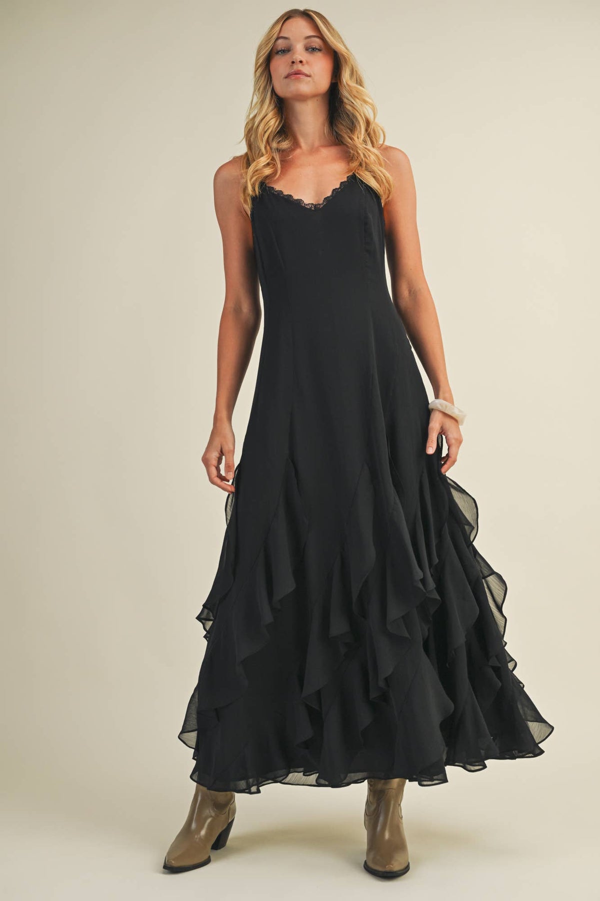 Lace V-Neck Cascading Ruffle Dress