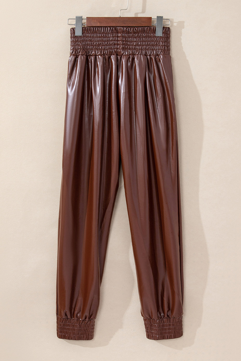 Smocked High Waist Leather Skinny Pants