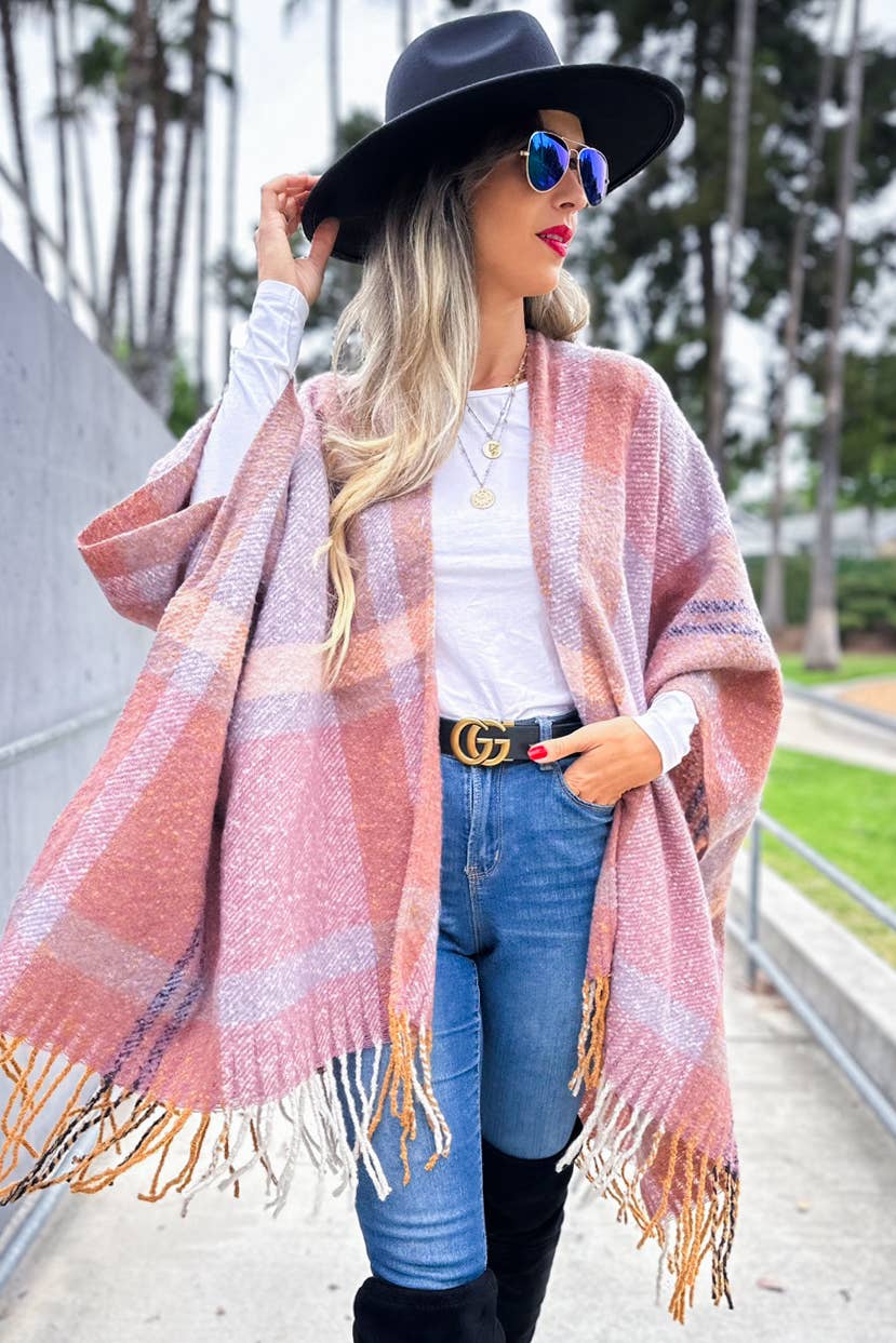 Mauve Multi Stripe Printed Soft Knit Ruana With Tassel