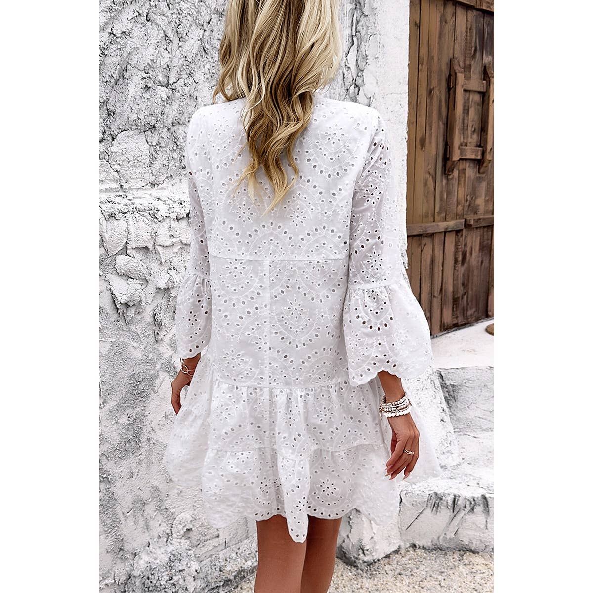 V Neck Button Flared Sleeves Hollow Out Lace Dress