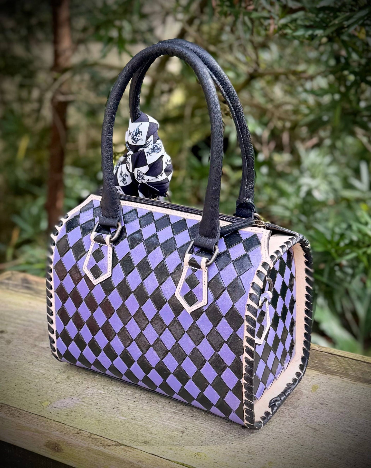 Upcycled LV Black Purple Leather Checkered Speedy Bag 