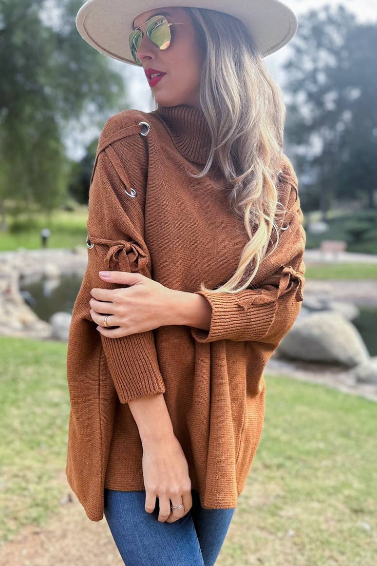 Cognac Lace-Up Sleeve Turtleneck Knitted Poncho Top