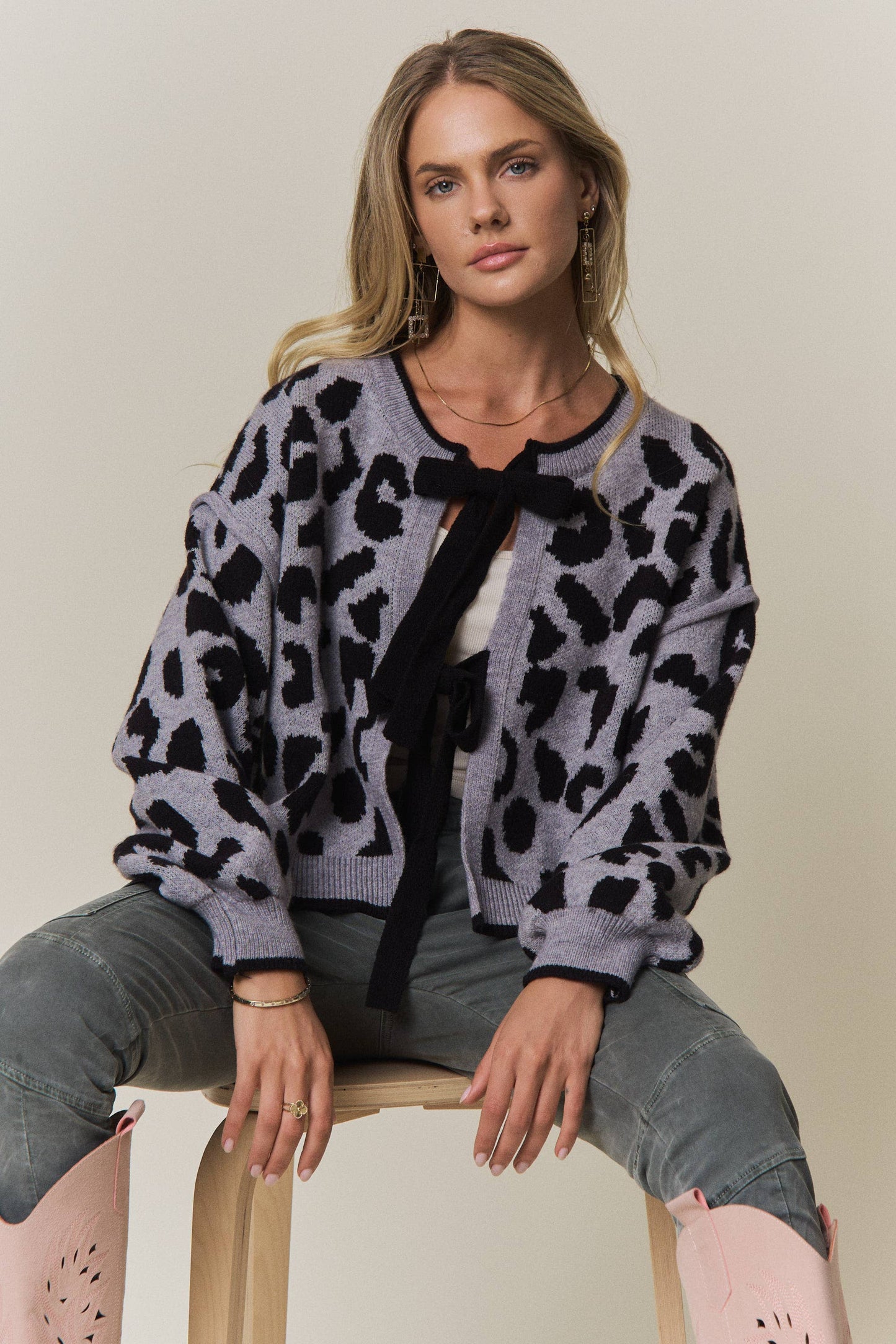 LEOPARD PRINT TIE-FRONT CARDIGAN - CESW4429