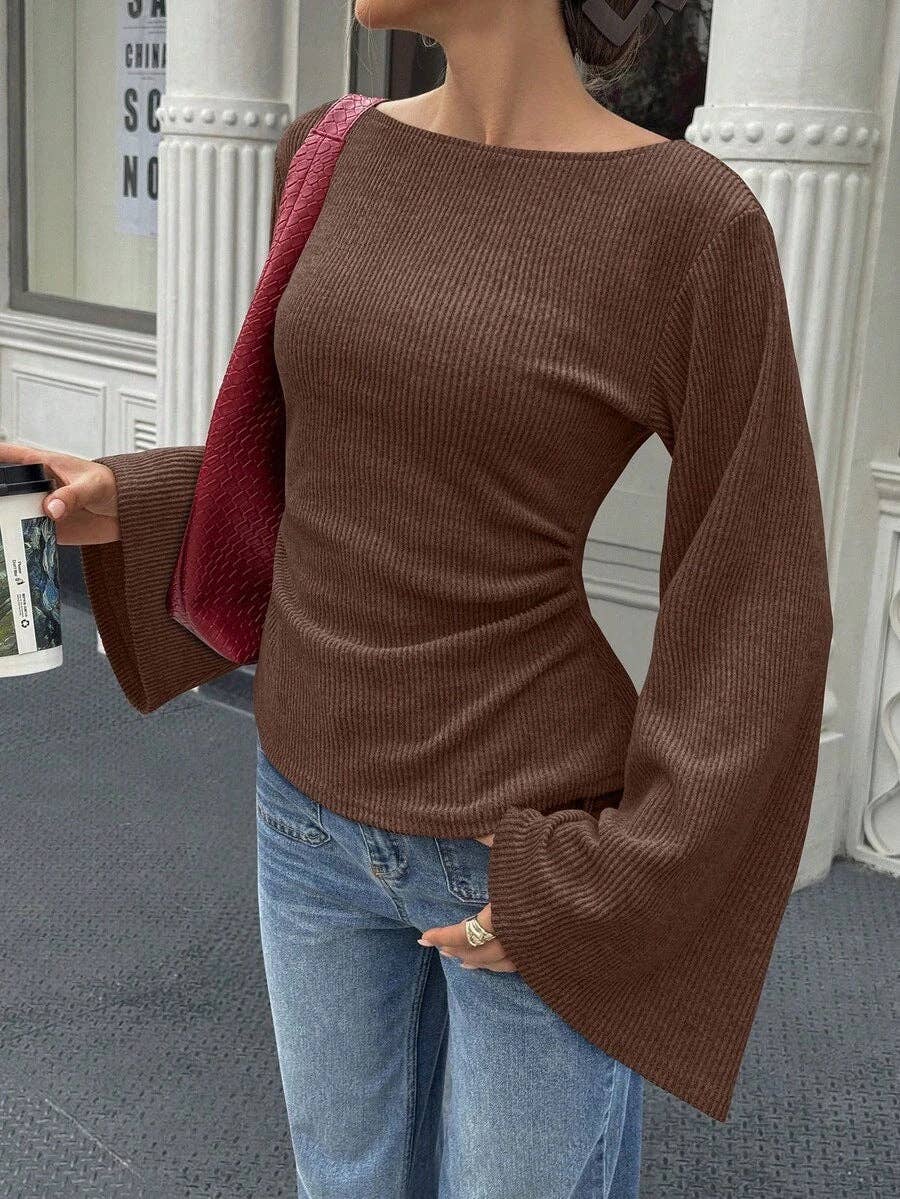 Slim Fit Bell Sleeve Ribbed Knit Top Casual Chic Women's Wear