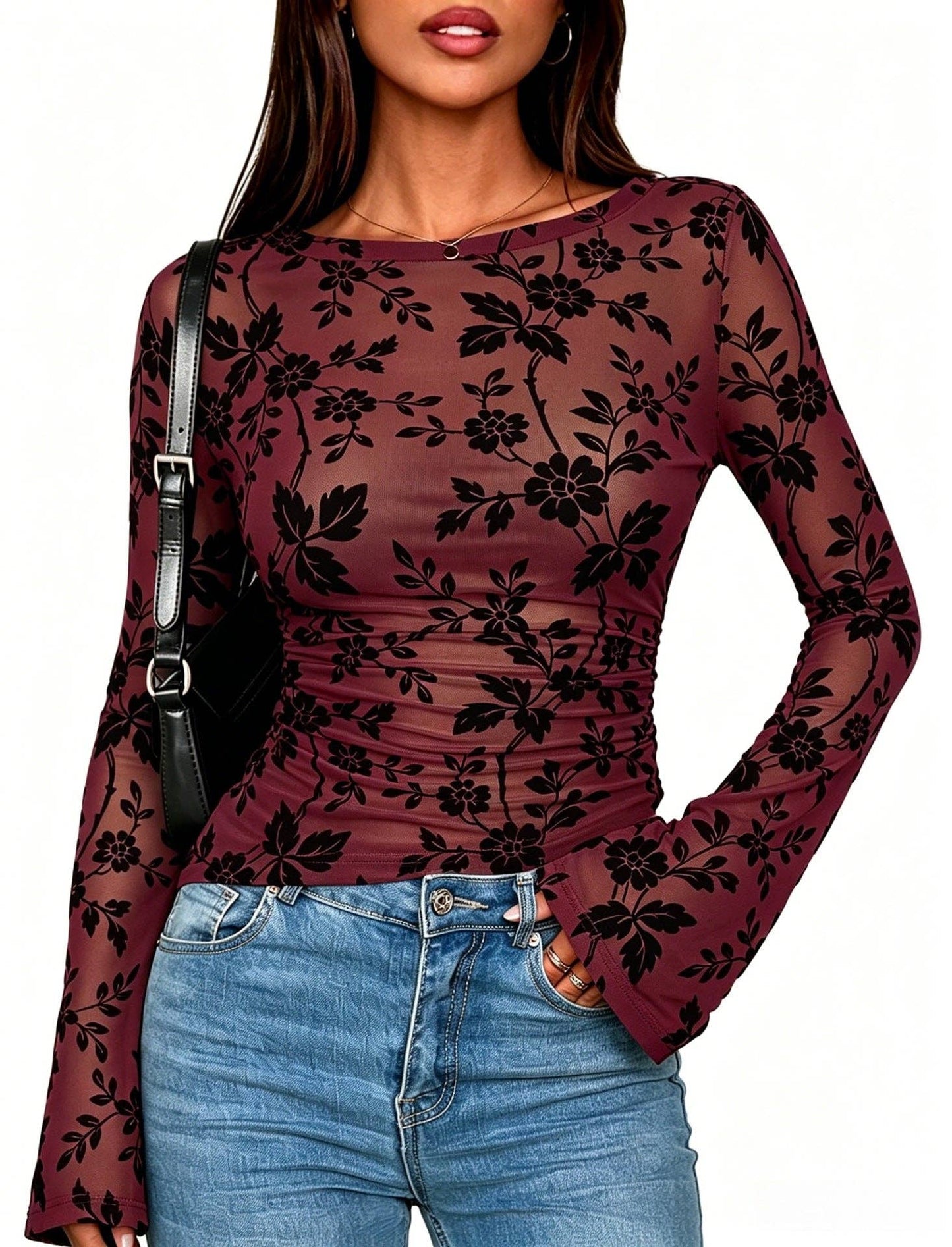 Floral Mesh Top Boutique Bell Sleeve Ruched Fitted Blouse
