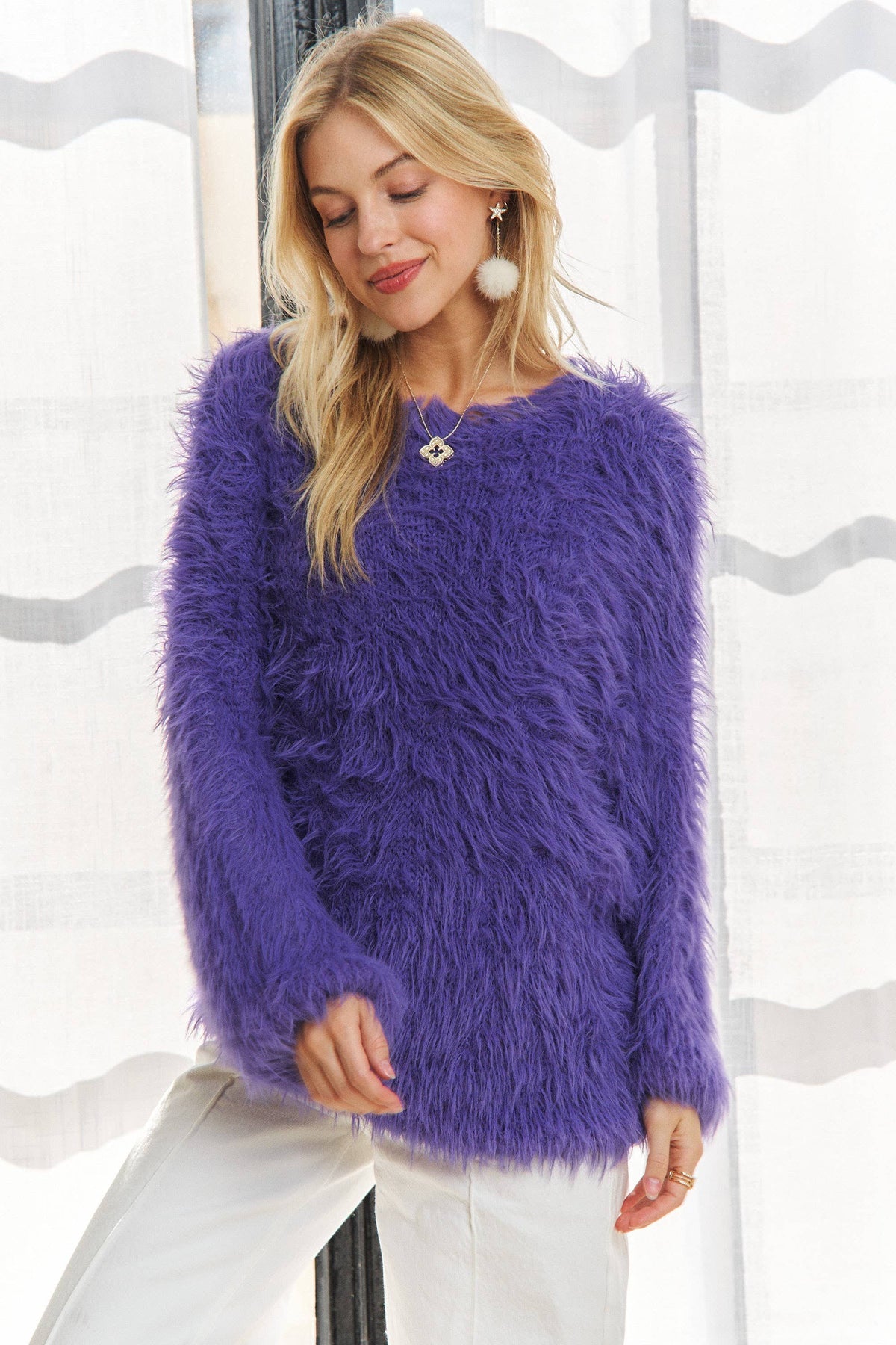 CESW3448A - BOAT NECK SOFT FUZZY SWEATER TOP