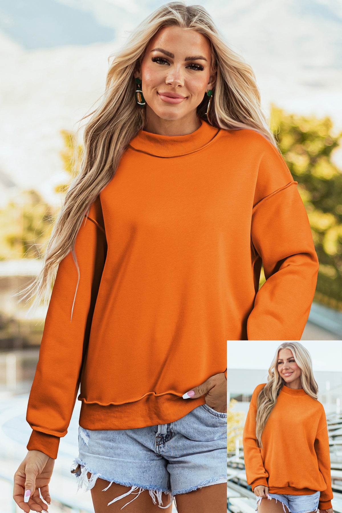Apricot Oversize Drop Shoulder Reversible Mock Neck Sweatshirt