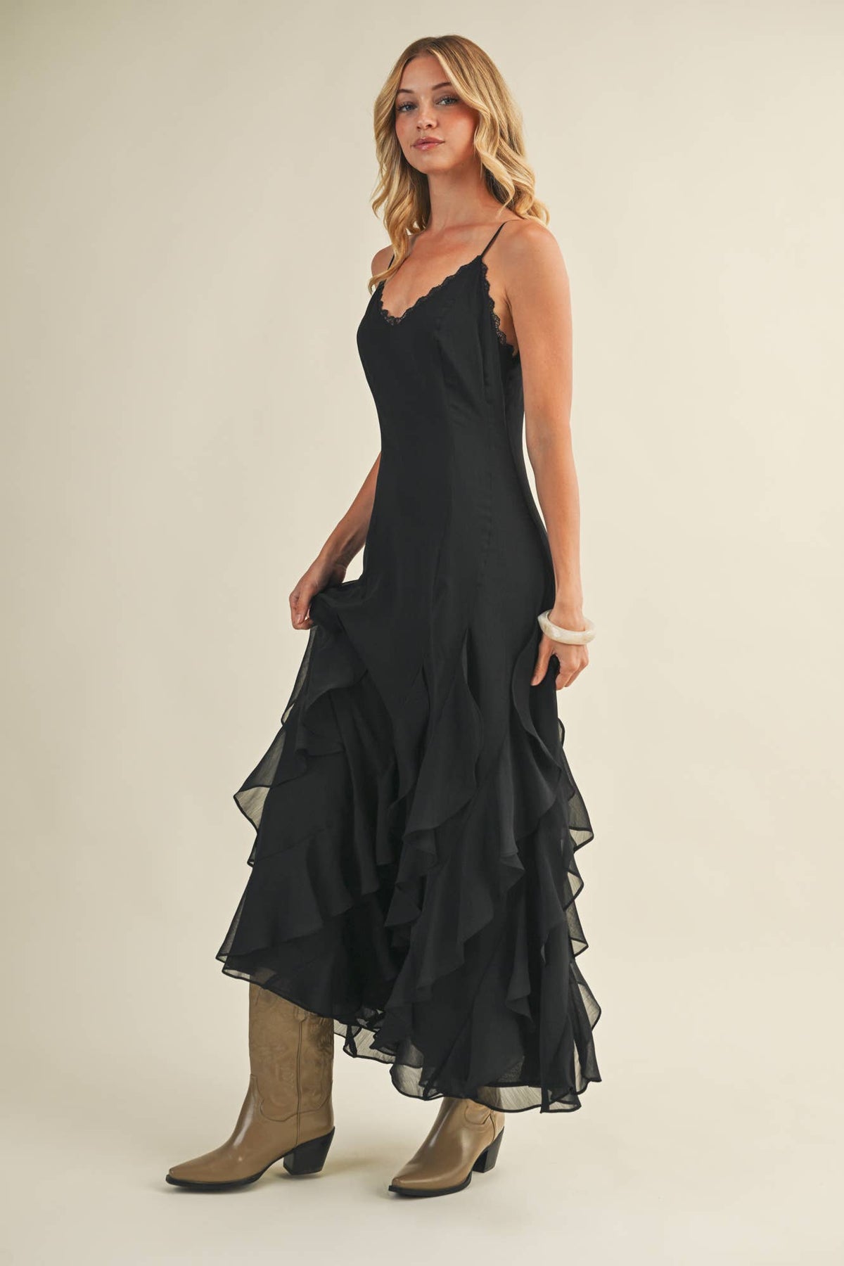 Lace V-Neck Cascading Ruffle Dress