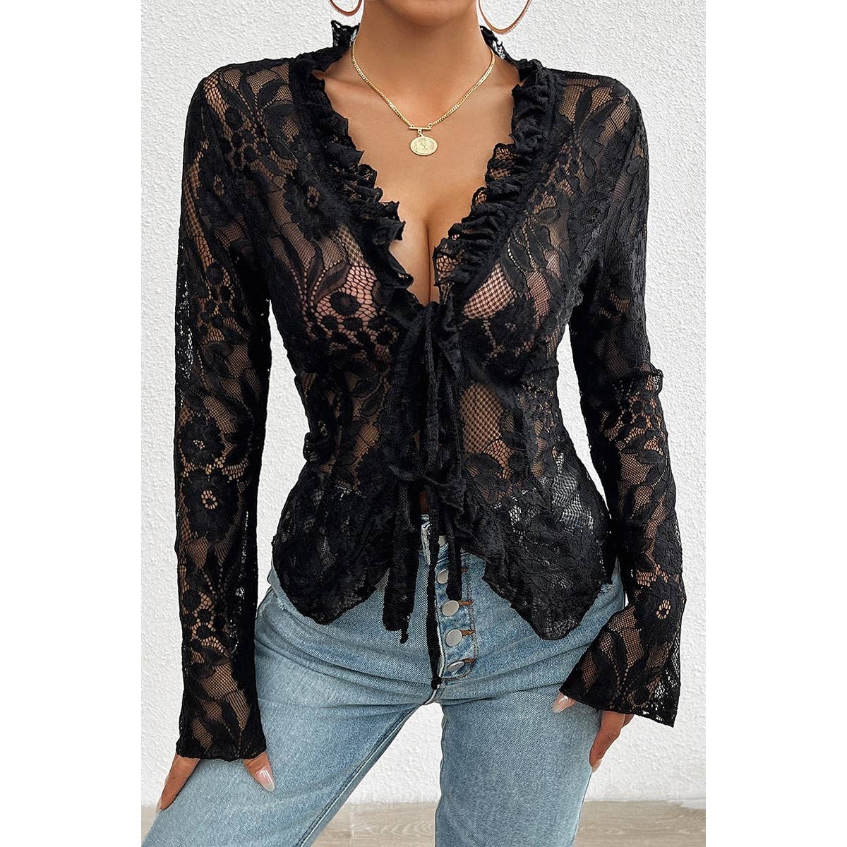 Hollow Out Lace Solid Knot Wrap Ruffle Hem Top