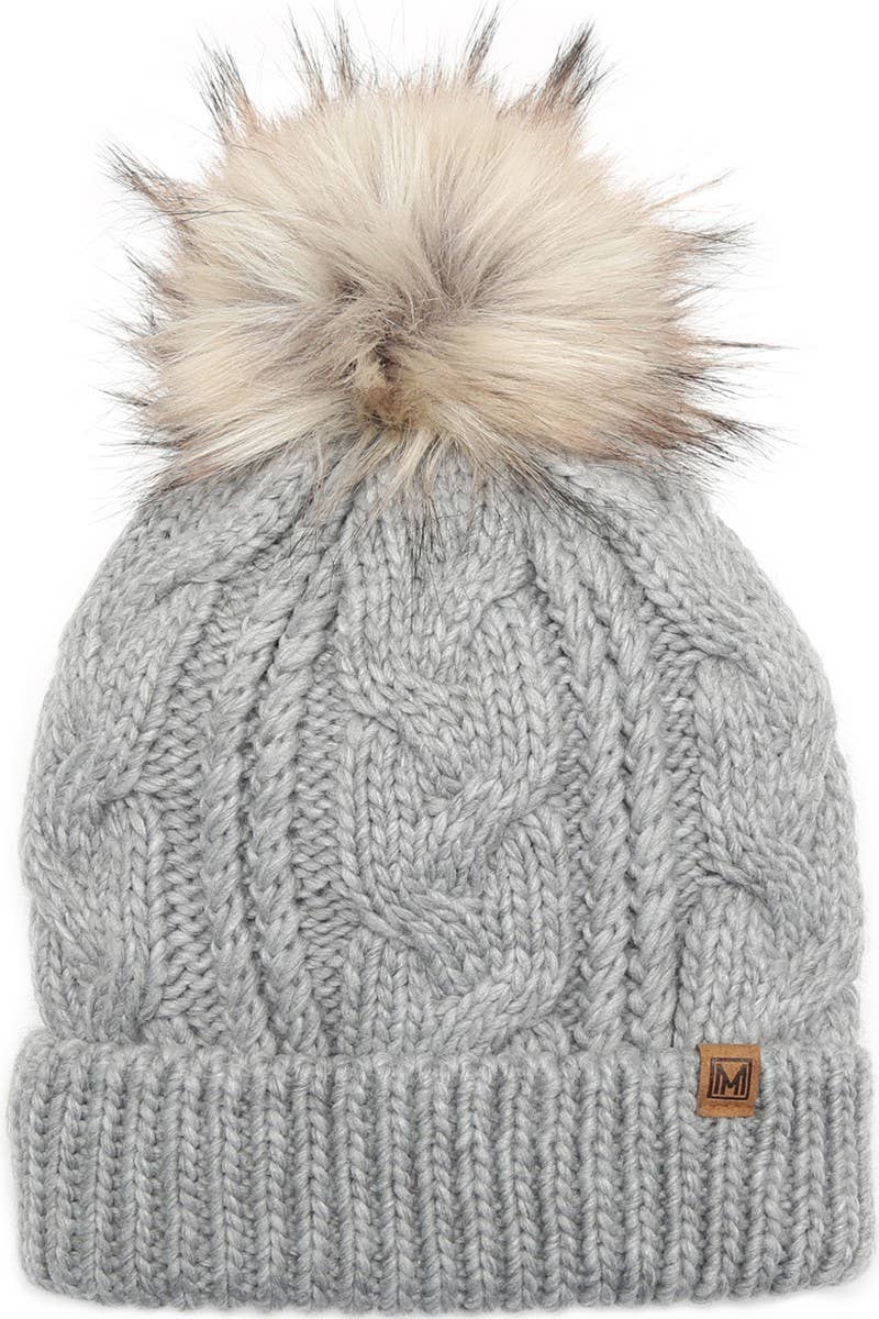 Women's Faux Fur Pom Beanie Hat with Sherpa Lining