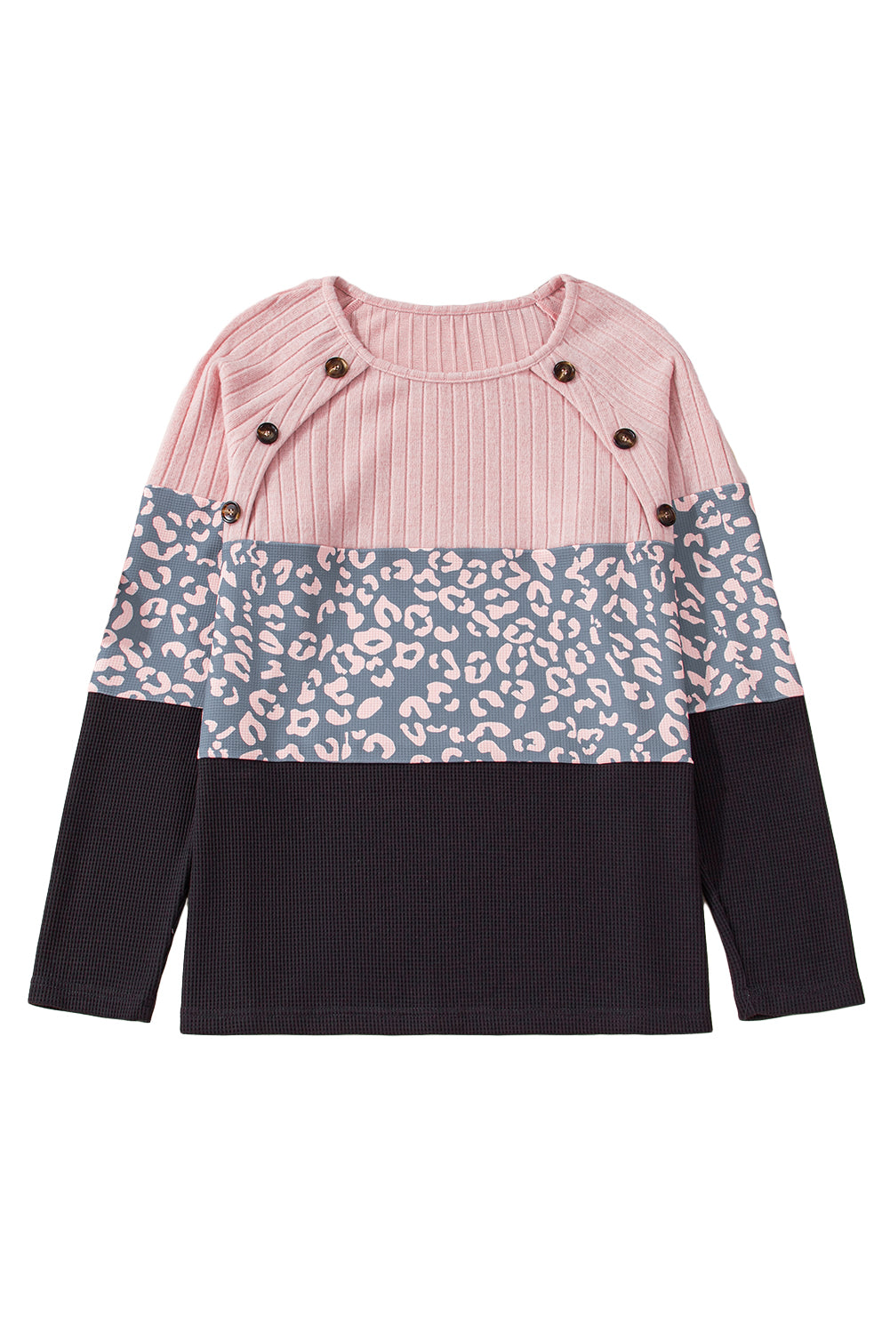 Pink Patchwork Button Decor Round Neck Top