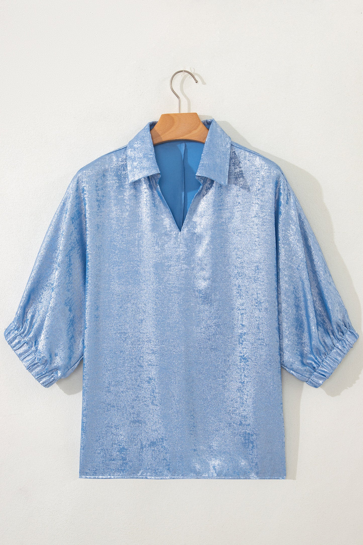 Clearly Aqua Collared V Neck Half Sleeve Metallic Top