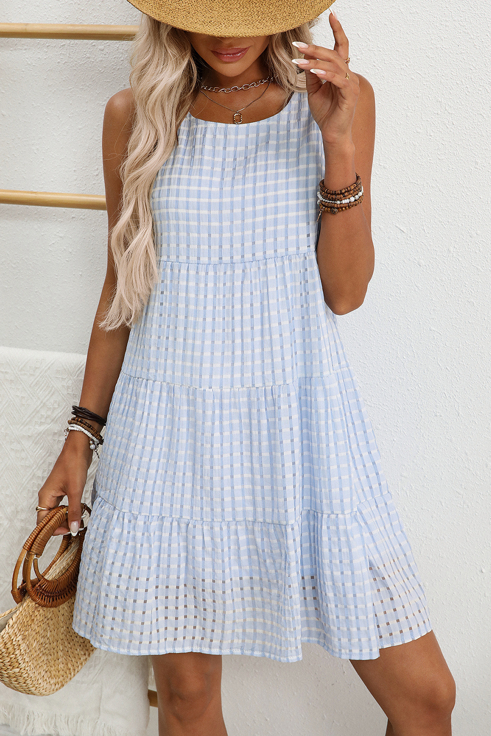 Pink Gingham High Waist Sleeveless Mini Dress