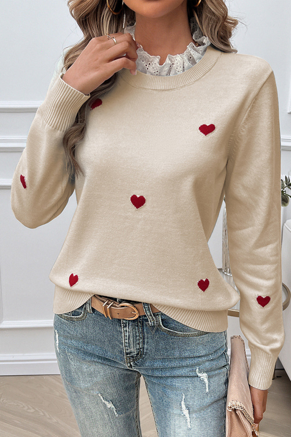 Embroidered Heart Shaped Long Sleeved Sweater