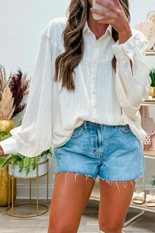 White Crinkled Texture Lantern Sleeve Button Down Loose Shirt