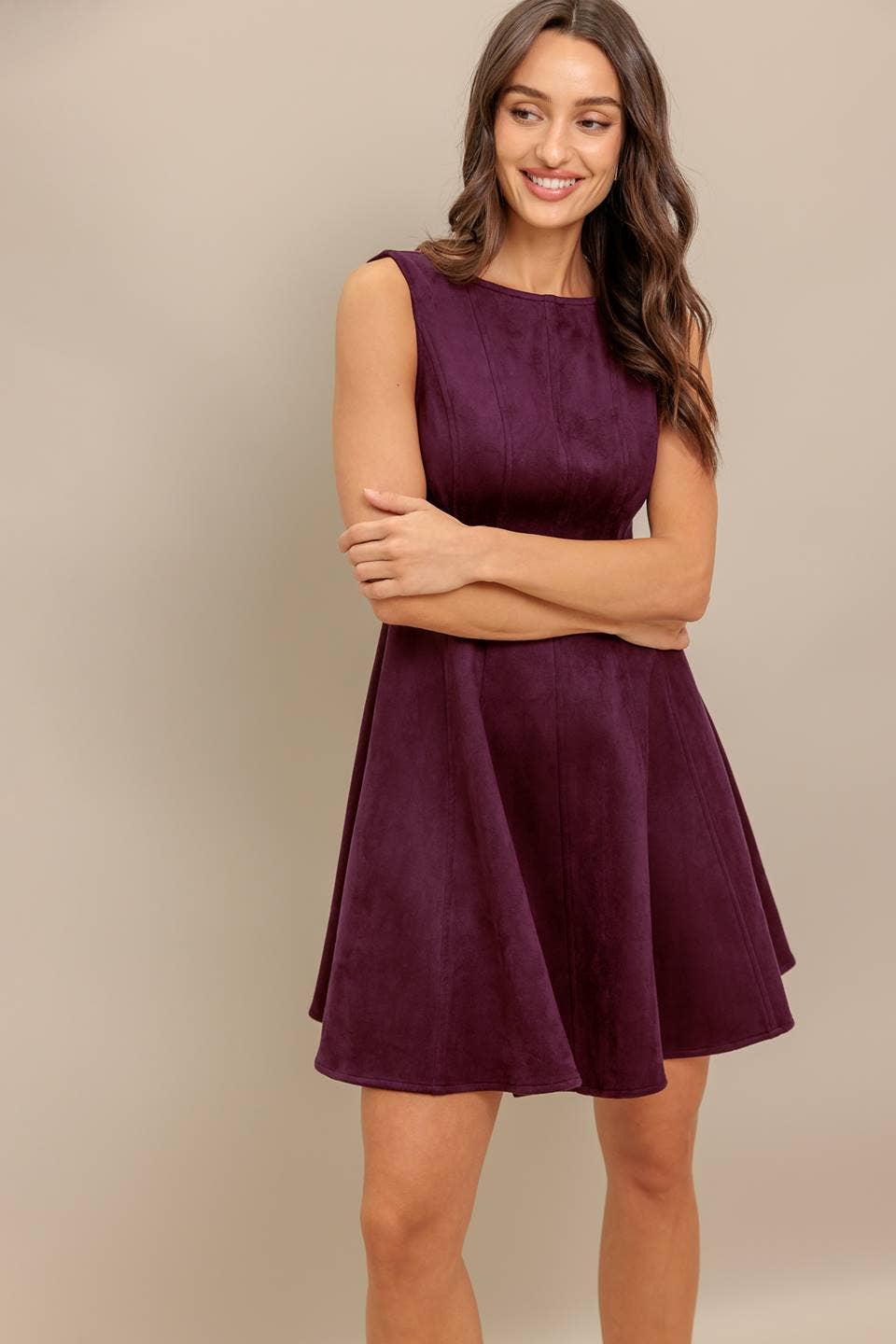 Burgundy Solid Faux Suede Mini Dress