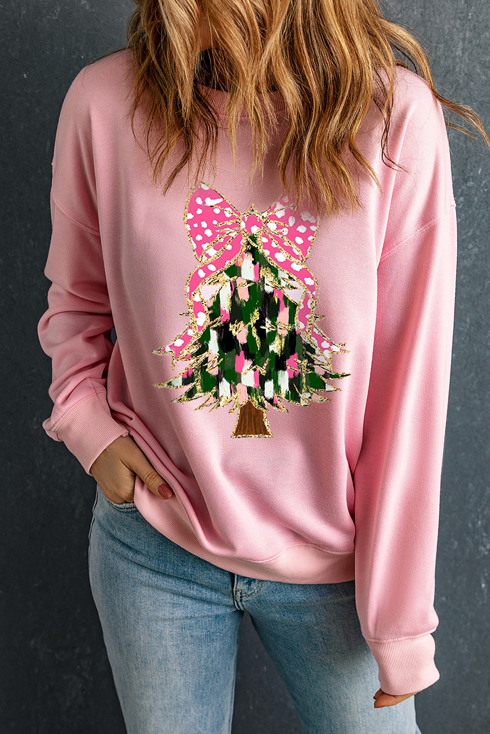 Glittering Bowknot Christmas Tree Graphic Sweatshirt