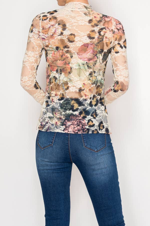 Sheer Flower Lace Mesh Long Sleeve Top